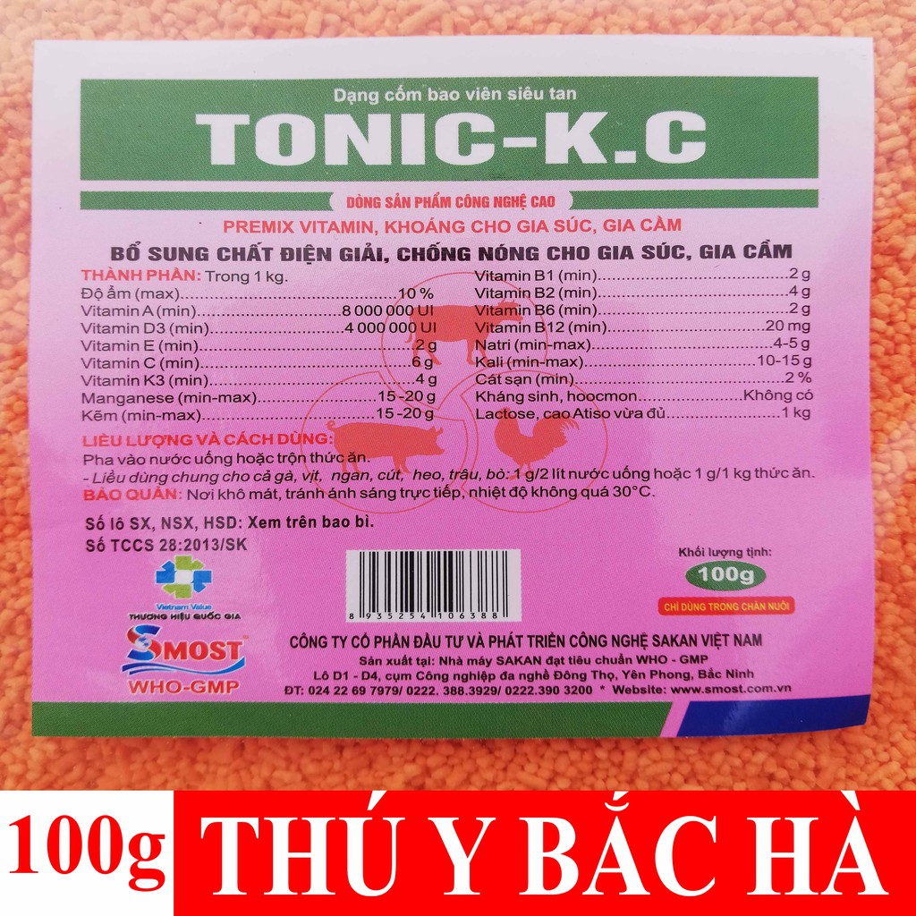 1 gói TONIC - K.C 100g Premix Vitamin, Khoáng Bổ sung chất điện giải, Chống nóng cho gia súc, gia cầm, chó mèo