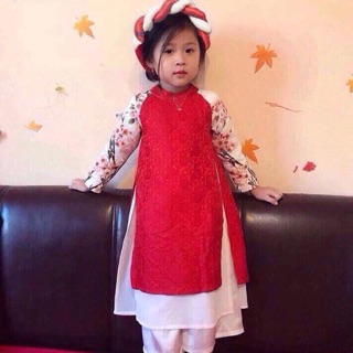 Áo dài gấm tay hoa cho bé gái