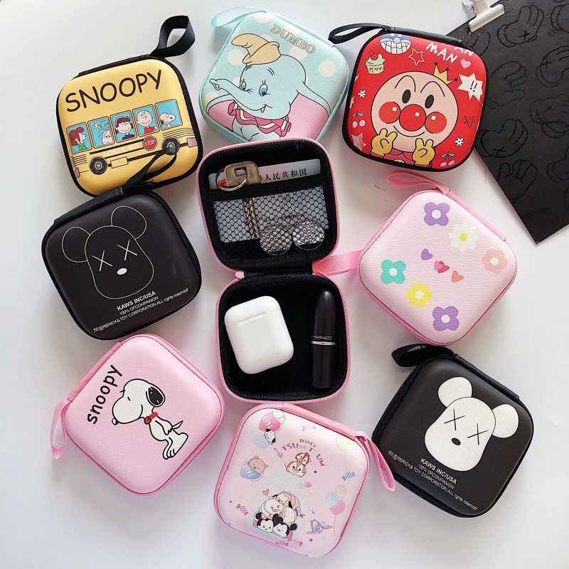 Túi da PU đựng trang sức/ cáp sạc/ tai nghe họa tiết hoạt hình dễ thương đa dụng