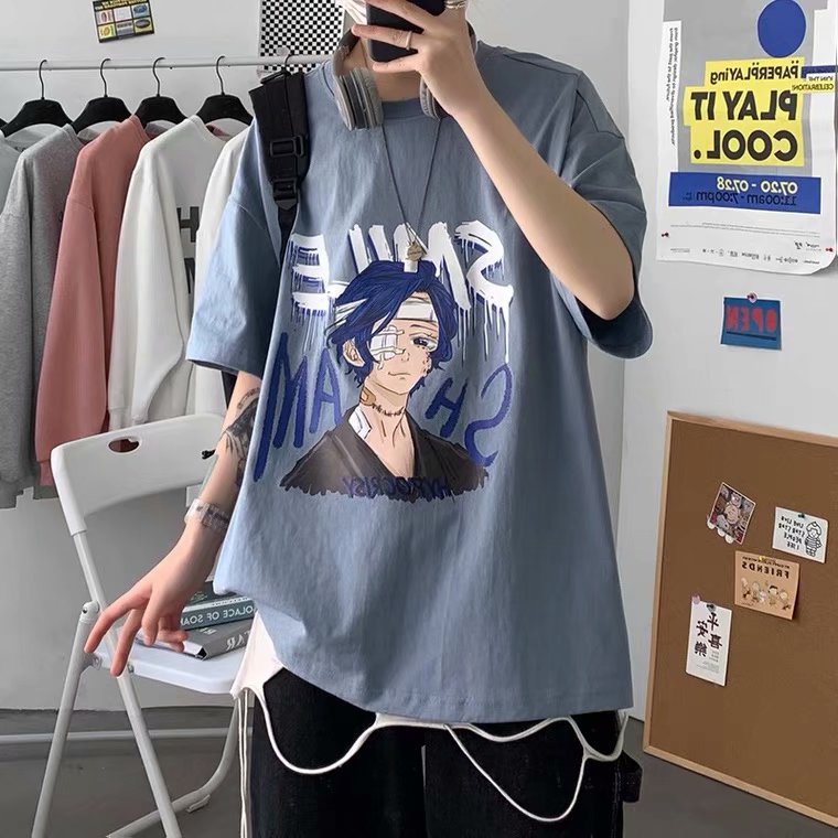 Áo thun tay ngắn cổ tròn dáng rộng in họa tiết hoạt hình phong cách Nhật Bản thời trang cho nam size M-5XL