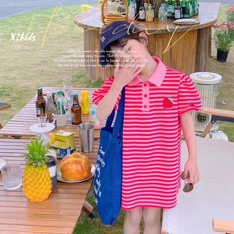 Đầm POLO Kẻ Sọc Họa Tiết Quả Dâu Thời Trang Mùa Hè Phong Cách Hàn Quốc Mới Cho Bé Gái