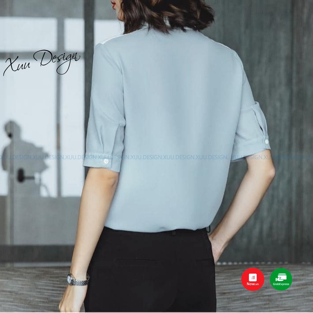 Áo sơ mi nữ công sở XUU, chất vải lụa cộc tay phối màu - TK20.22