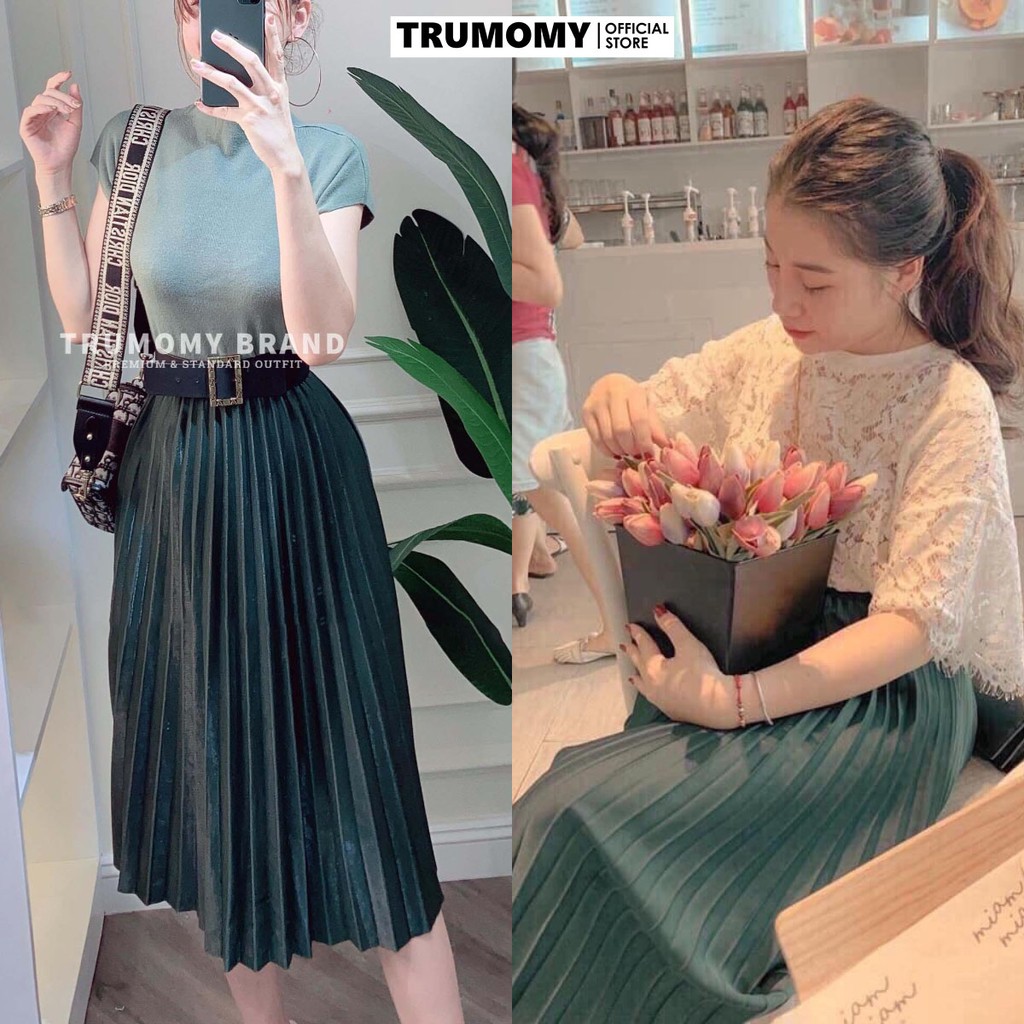 Chân váy xếp ly xòe dài có nhũ Quảng Châu cạp thun, dài qua gối - Trumomy