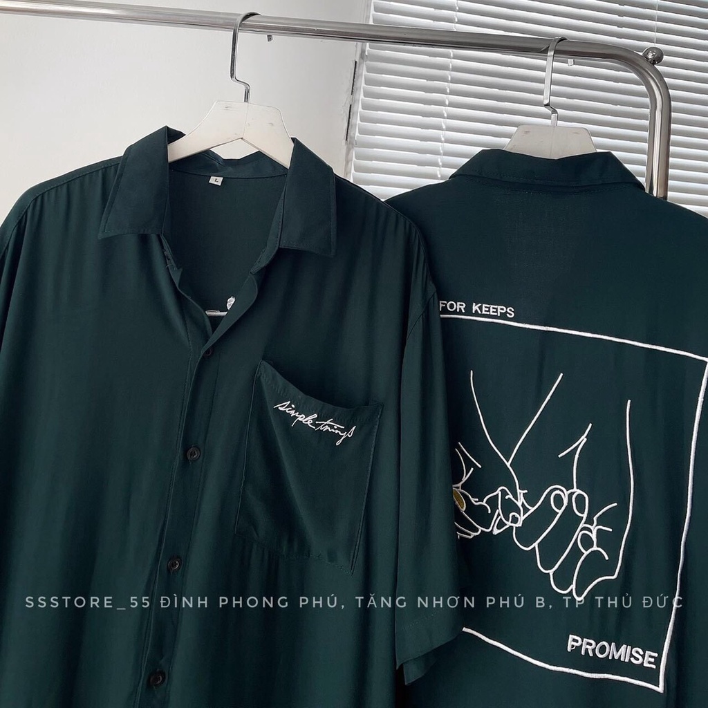Sơ Mi Xanh Lá Tay Lỡ Thêu Hình Dáng Rộng Bàn Tay Tình Nhân Nam Nữ Unisex