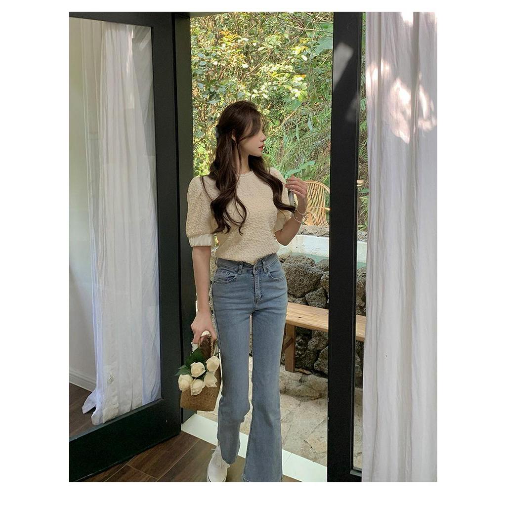 Áo Thun Trơn Mùa Hè Tay Ngắn Phối Ren Và Ngọc Trai 61417