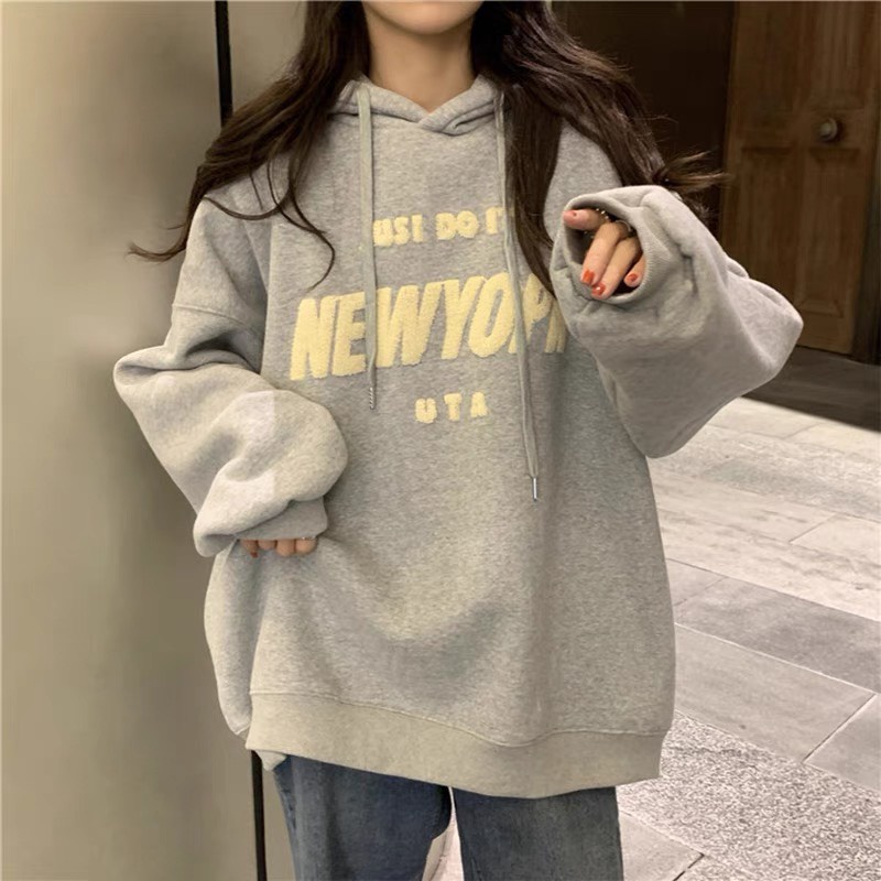 Áo hoodie nữ form rộng NEWYOPK màu xám đen trắng chất nỉ bông, áo hoodie form rộng unisex nam nữ thời trang
