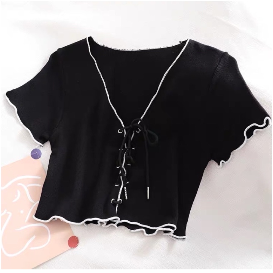 Áo Croptop Viền Chỉ Cổ V Phối Dây Cột | Áo croptop cột nơ - | [Ảnh thật cuối]  | steven.factory