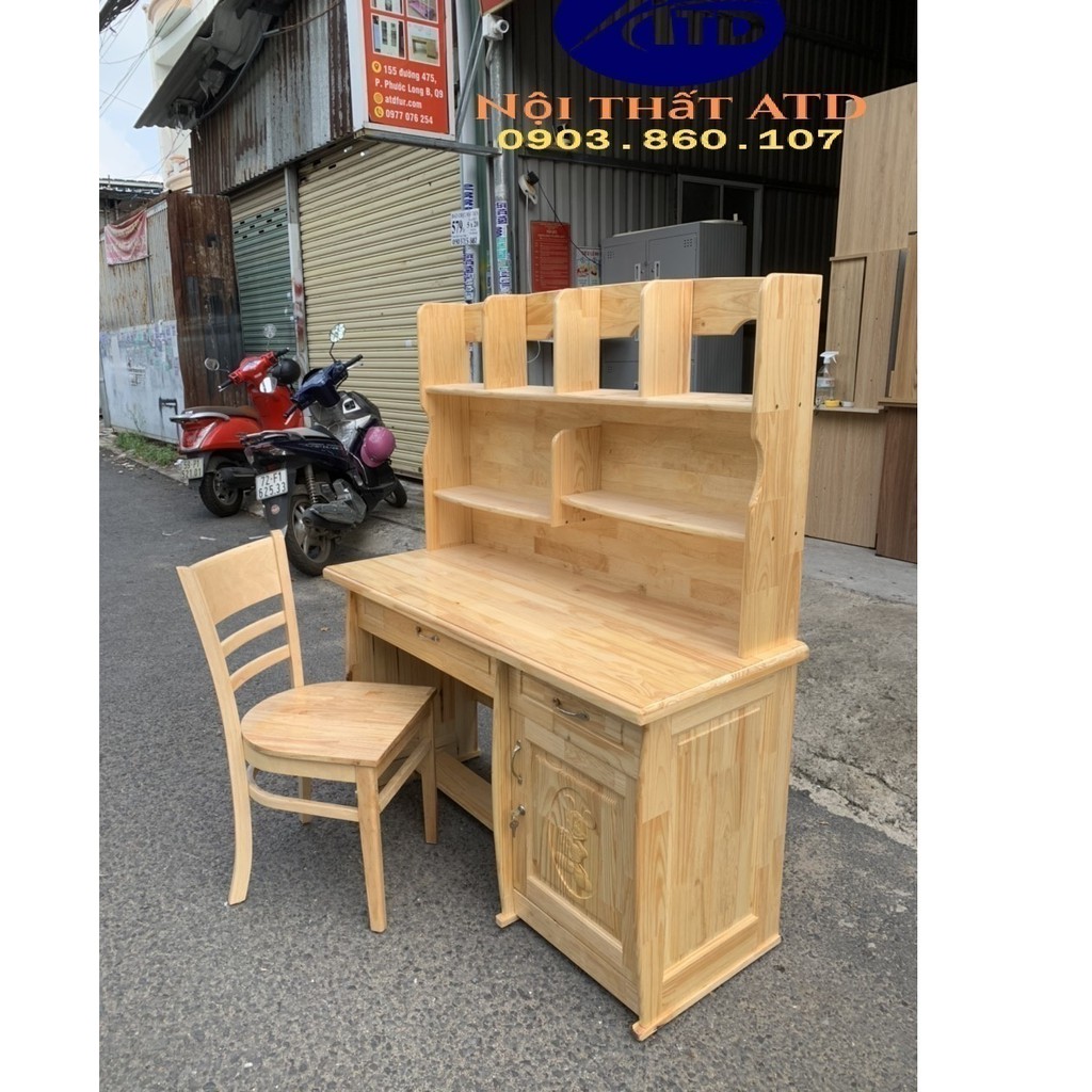 Bàn học sinh gỗ thông liền kệ sách màu vàng gỗ chống nước y hình hcm-bình dương giao hàng nhanh miễn phí