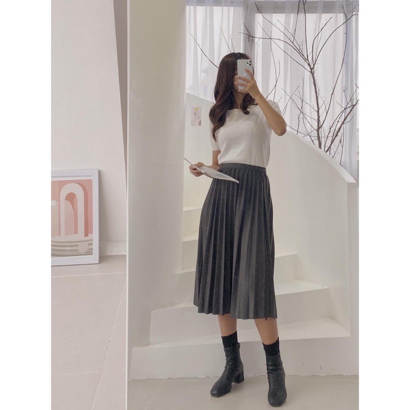 Chân váy xếp ly dáng midi chất dạ pha mịn hàng chuẩn quảng châu cao cấp mã CVD1955