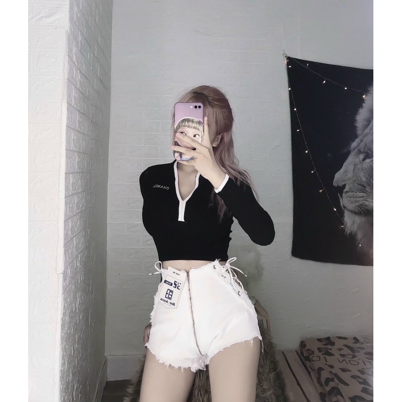 Áo kiểu croptop thun borip tay dài cổ viền Hình thật mẫu shop chụp