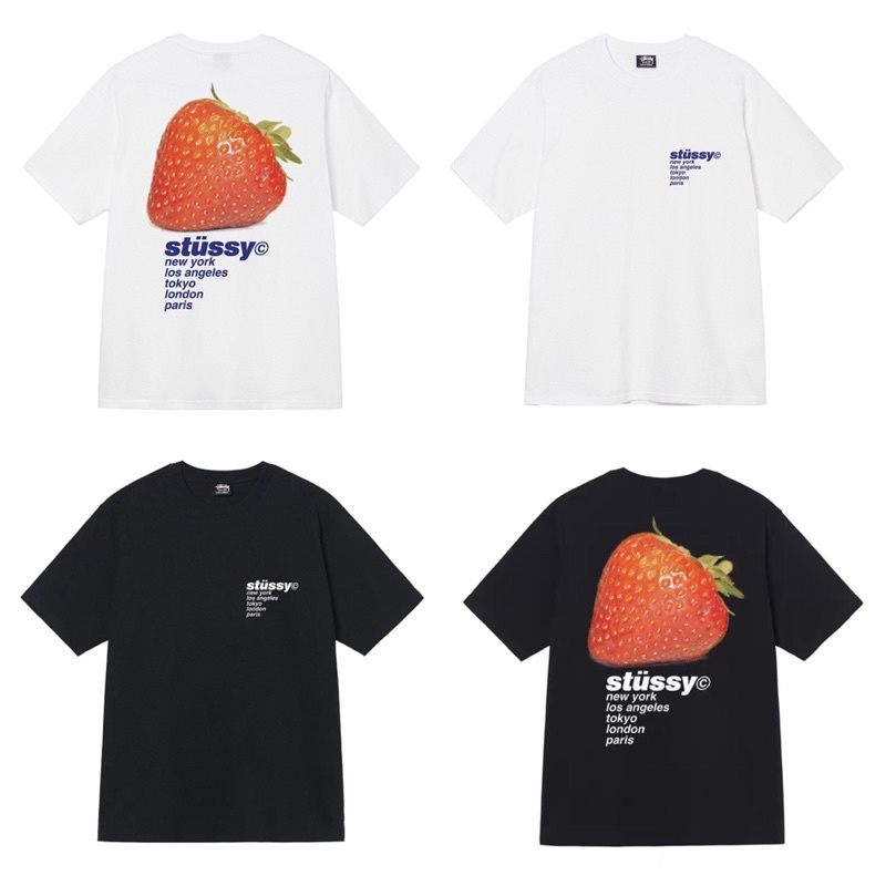 Áo Thun Stussy Bape Tay Lở Trái Dâu Form Rộng Cotton Màu Đen Trắng Vintage