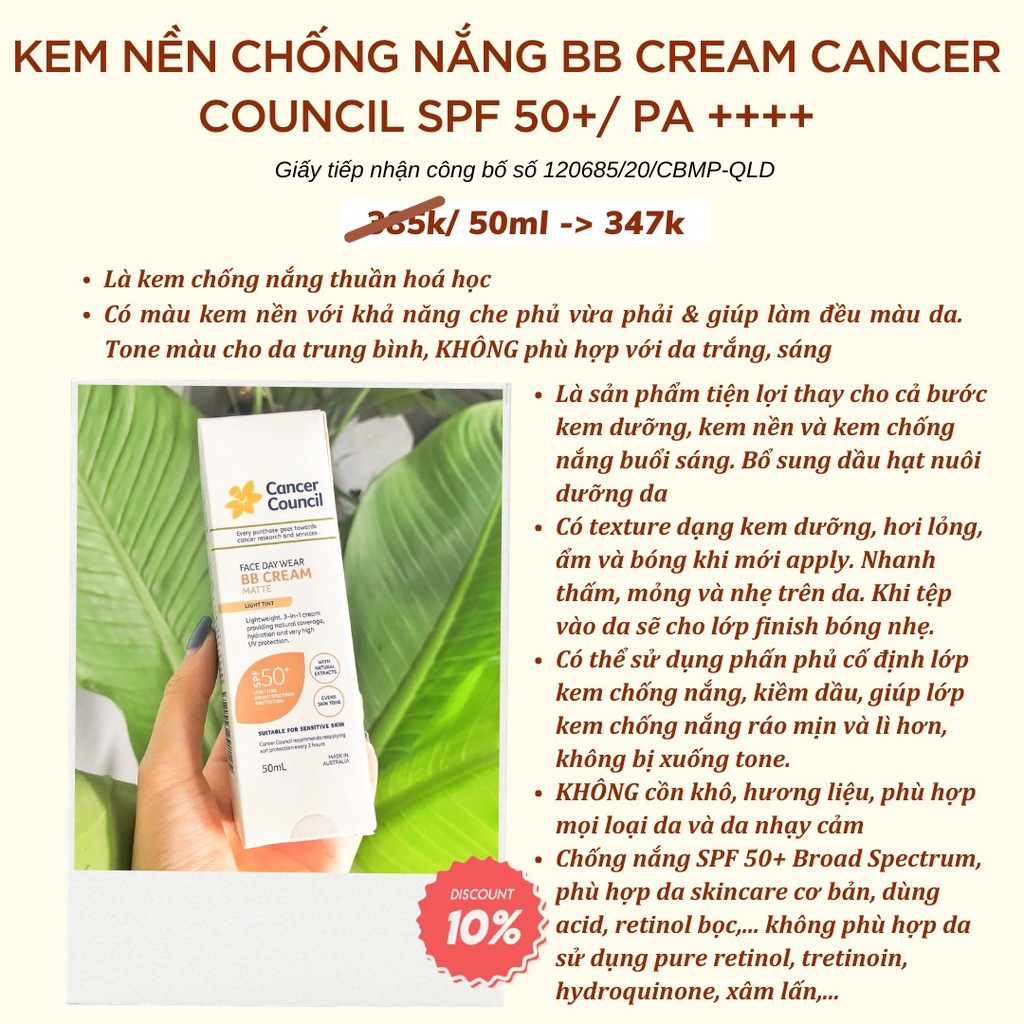 [Mã COS2405 giảm 8% đơn 300K] Kem nền chống nắng BB Cream Cancer Council SPF 50+/ PA ++++