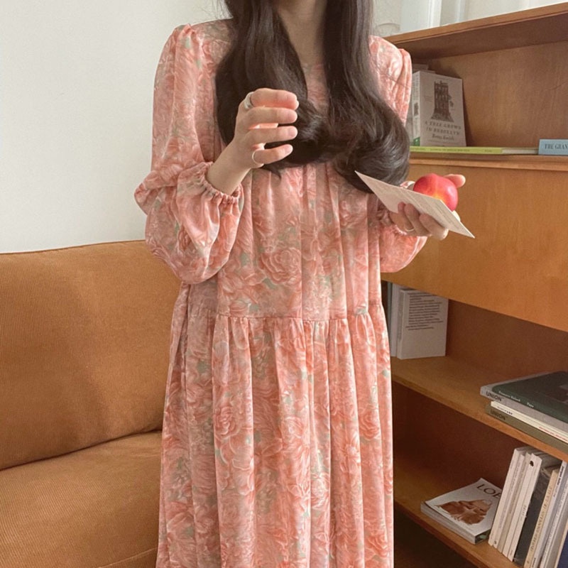 Korean chic spring French retro design printed bubble sleeve waist lace up medium length Chiffon Dress