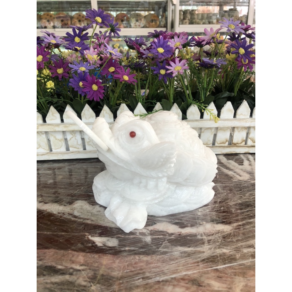 Tượng Cóc Ba Chân, Cóc Ngậm Tiền, Thiềm Thừ phong thủy chiêu tài lộc đá trắng - Dài 15 cm