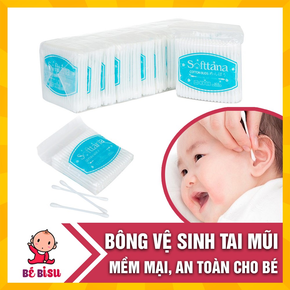 Bông vệ sinh tai mũi Softtana cho bé (Gói 80 que bông) siêu thấm mềm mại