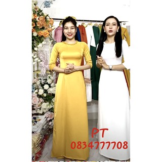 Áo dài lụa trơn cổ tết đơn giản trẻ trung