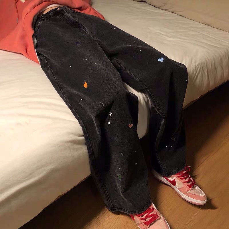 Quần bò jeans ống rộng vảy sơn thêu trái tim oversize Ulzzang siêu chất ❤️