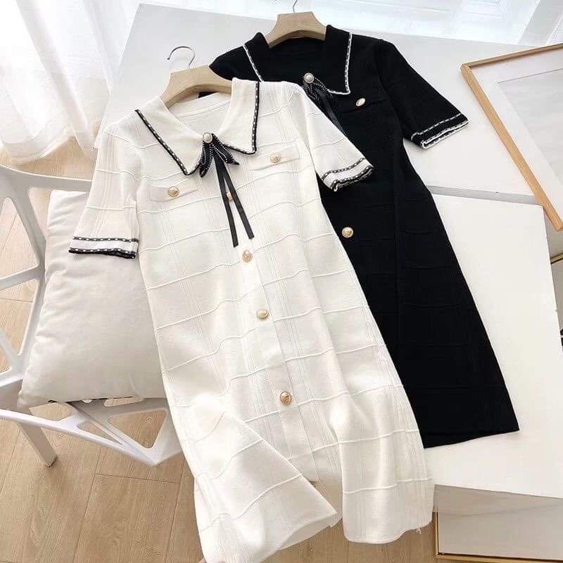 Váy thun gân nơ cổ