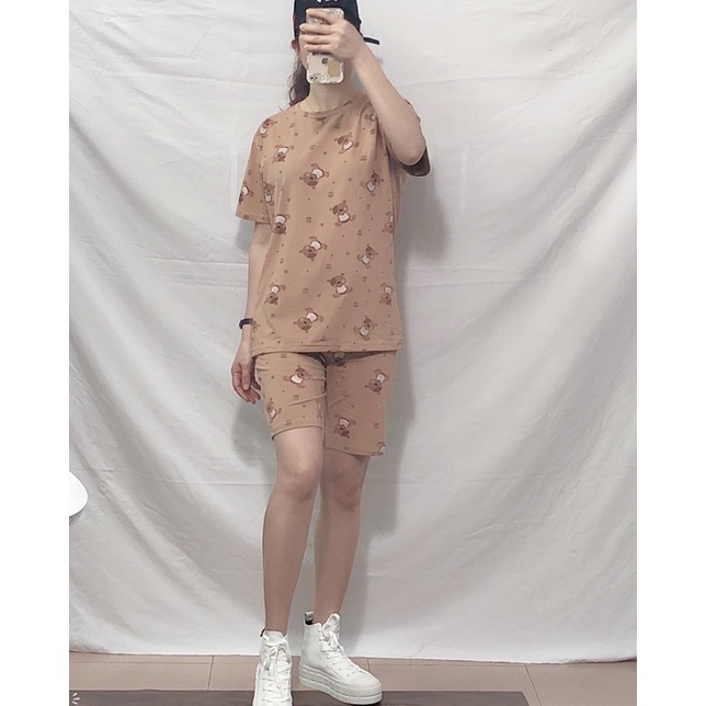 Bộ mặc nhà nữ chất cotton hình gấu kute áo cộc quần đùi ngố( Ảnh thật)