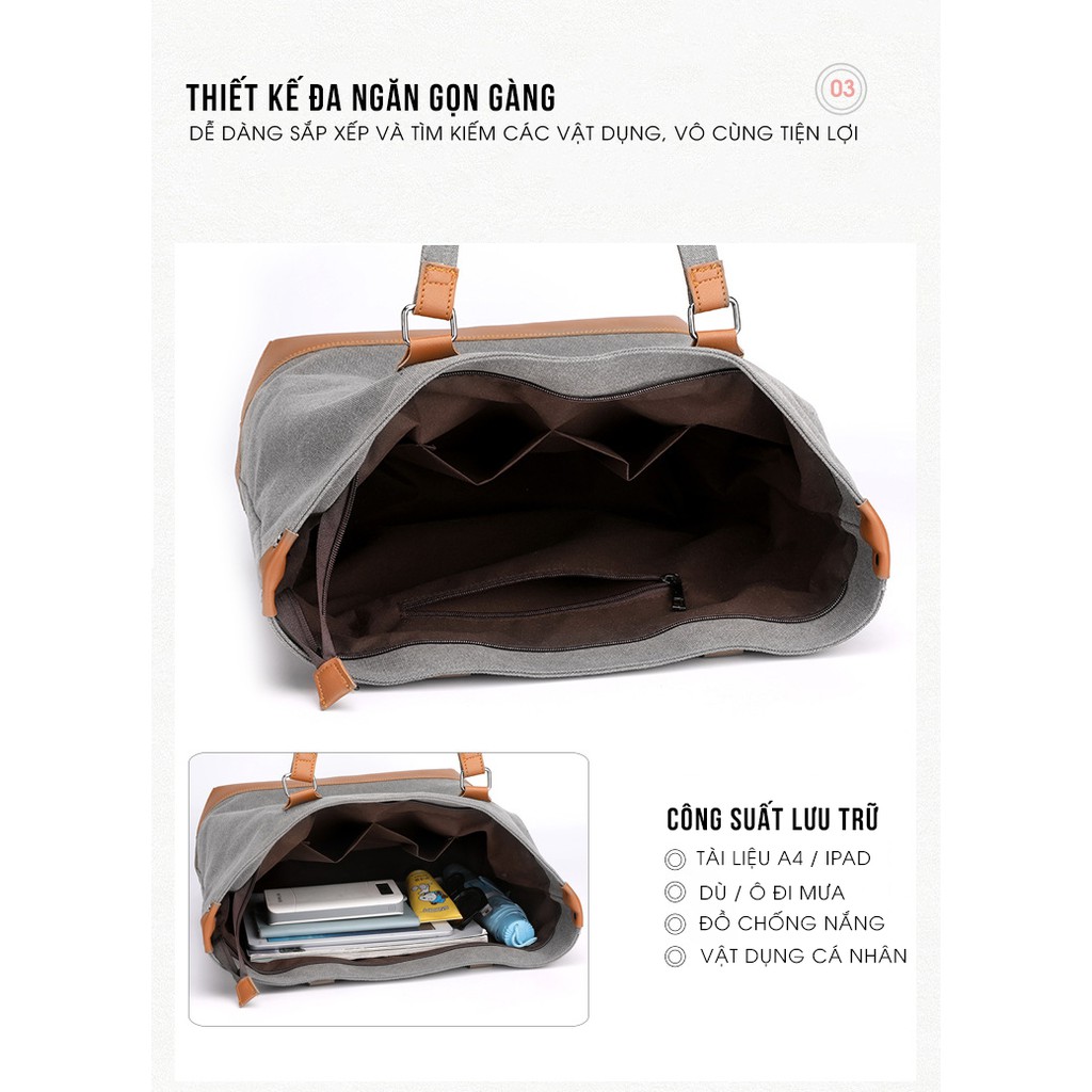 Túi xách tote vải canvas vintage nữ cao cấp, đế da sang trọng – KVKY 1593