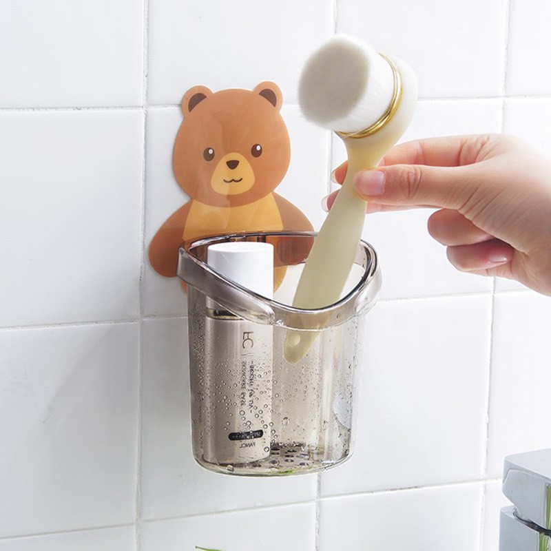 Cốc gấu nâu đựng bàn chải dán tường trong nhà tắm 2 màu 9.5cm*17cm