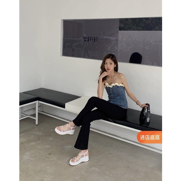 Giày Sandal da phối dây ngang và dây chéo đế 5cm