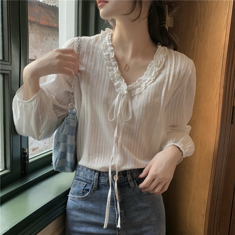 SUXI Áo Sơ Mi Trắng Tay Dài Cổ Chữ V Dáng Rộng Phong Cách Hàn Quốc Thời Trang Mùa Thu Cho Nữ