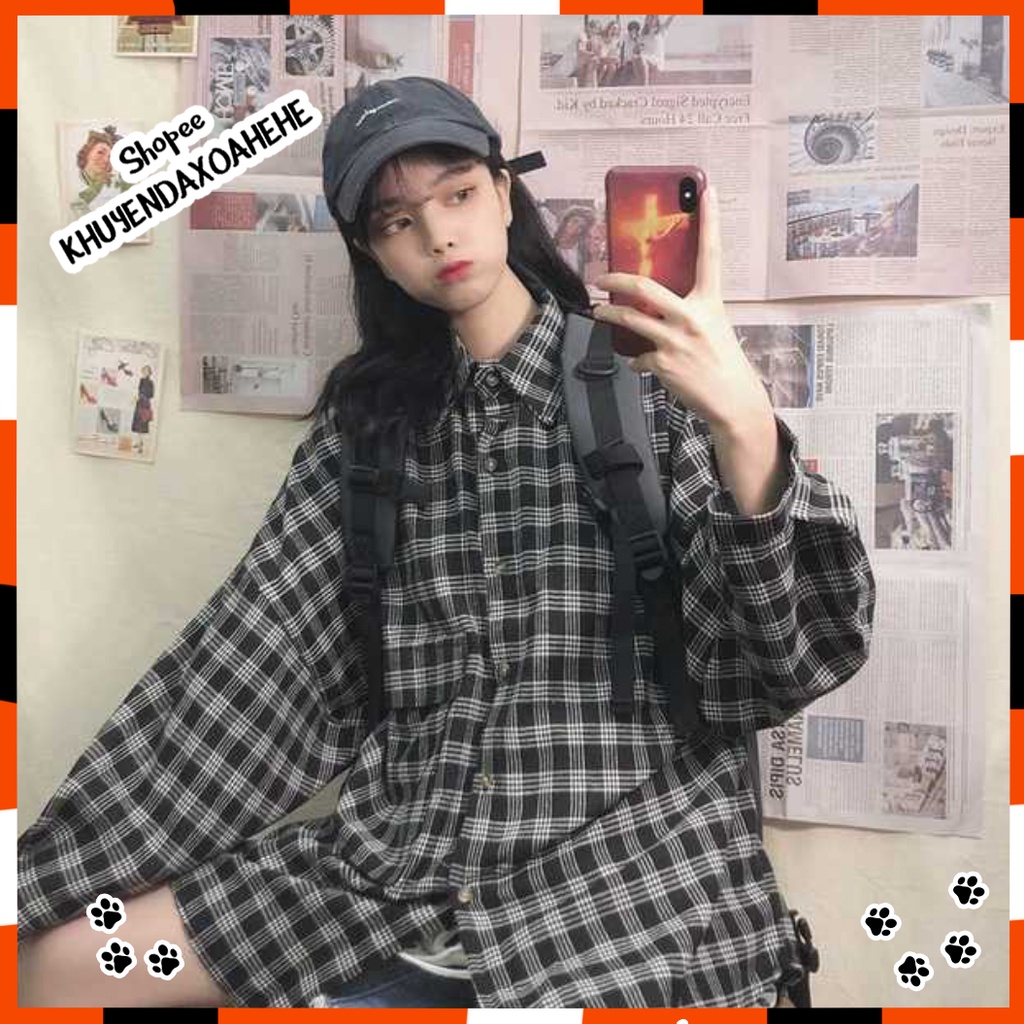 A011 Áo sơ mi kẻ caro oversize nam nữ vintage dài tay ulzzang, áo khoác chống nắng form rộng tay phồng Hàn Quốc đi học đ