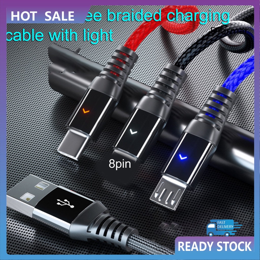 Dây cáp sạc nhanh 3 trong 1 8-pin Type-C có đèn báo hiệu tiện lợi cho văn phòng