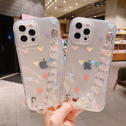 iPhone 13 Ốp lưng bảo vệ tình yêu trong suốt cho iPhone 12 Pro Max XS / XR / 11Promax / 7Plus / 12 với dây đeo cổ tay dạng chuỗi trong suốt
