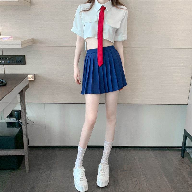 Set áo sơ mi croptop tay ngắn túi giả cà vạt thắt trắng cổ polo + váy ngắn lưng cao xếp ly xanh ulzzang