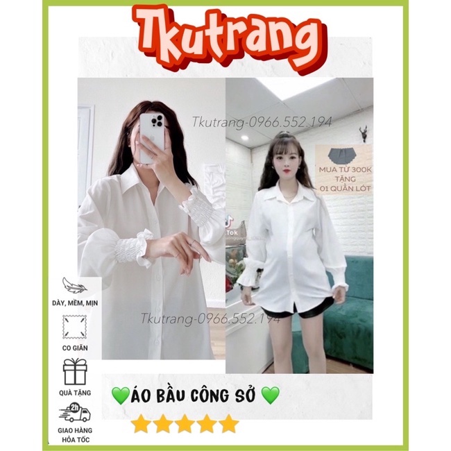 Áo bầu sơ mi nữ dài tay bo nhún cổ tay vải lụa trắng cổ bẻ form rộng SM14