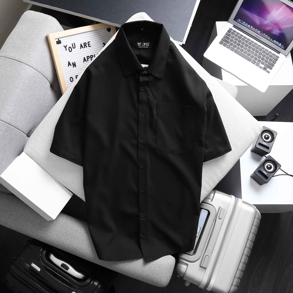 Áo sơ mi thời trang nam tay ngắn bigsize màu đen có túi  < 130kg mặc đẹp
