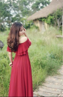 Đầm Maxi trễ vai 2 tầng bèo đỏ đô