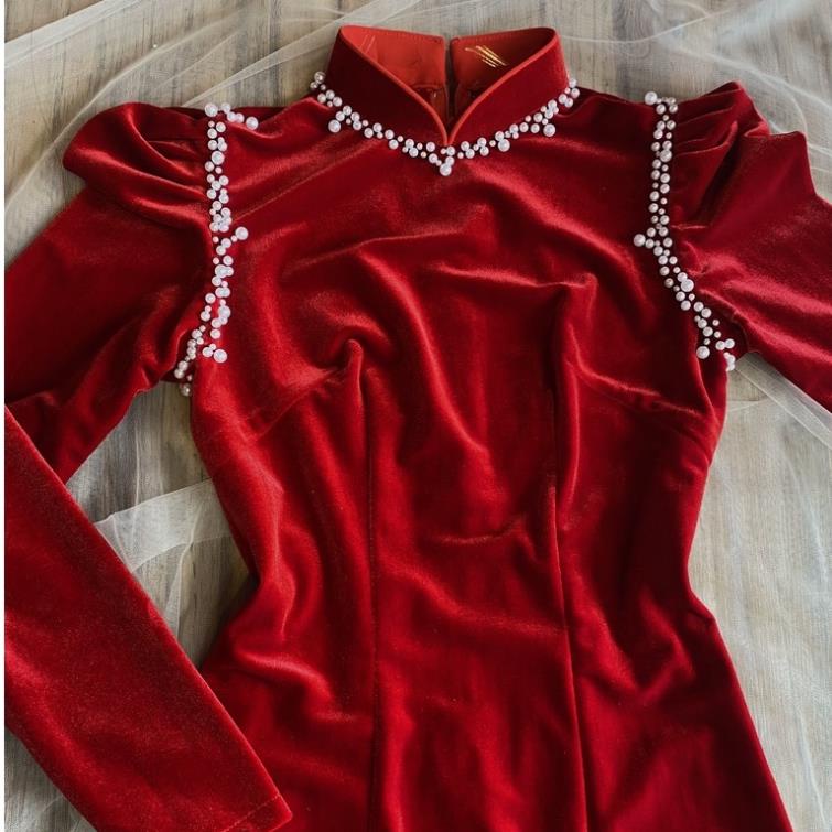 Áo dài nhung tay bồng cao cấp đính ngọc