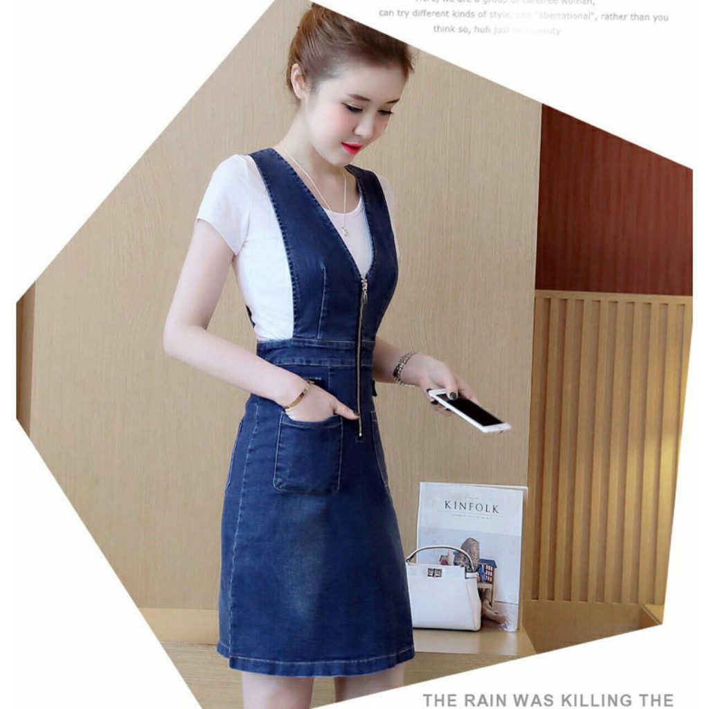 Đầm Jean Yếm Cut-out Dây Kéo Thời Trang