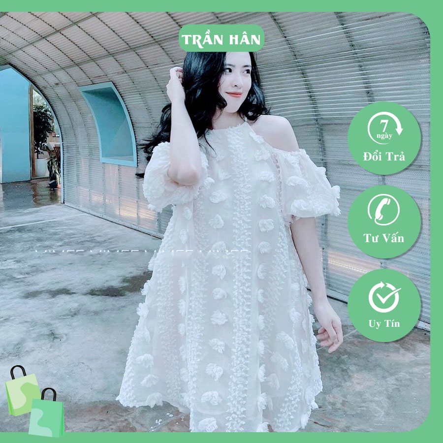 Váy yếm suông nữ đính hoa nổi siêu xinh trễ vai điệu đà thời trang mùa hèI Trần Hân shop 3007379