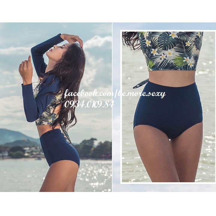 Đồ bơi dài tay Hàn Quốc croptop hoa tay xanh | BigBuy360 - bigbuy360.vn