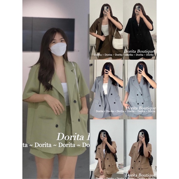Set áo vest trơn basic cộc tay kèm quần short form oversize, Set áo Blazer kèm quần short Hàn Quốc