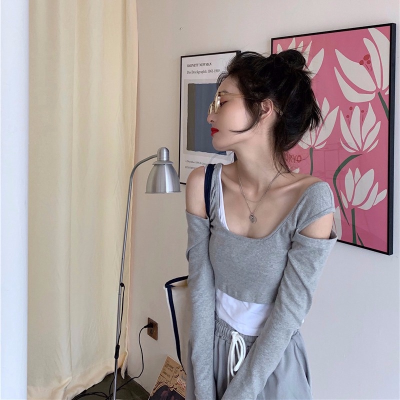 Áo Thun Tay Dài Giả Hai Lớp Dáng Ôm Thời Trang Mùa Thu Cho Nữ