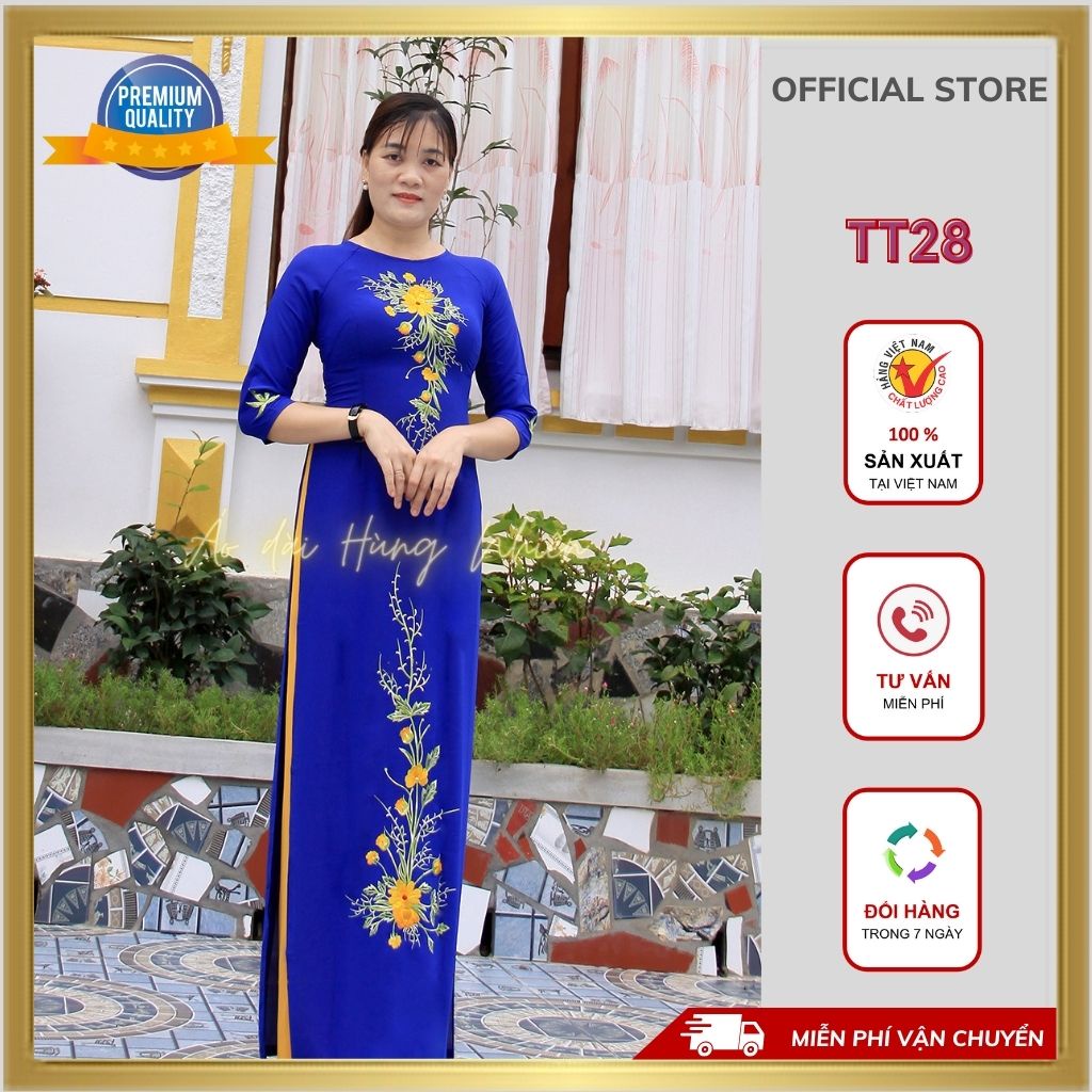 Áo dài Tằm thêu nữ may sẵn thiết kế đẹp, sang trọng, màu xanh