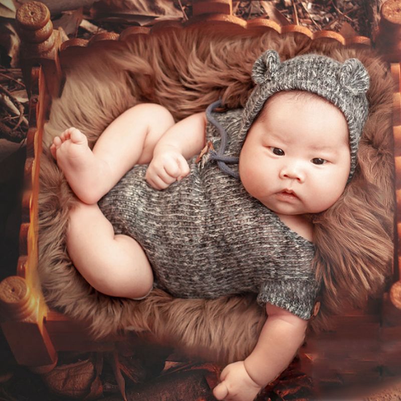 Mary☆2 Pcs/set Cute Handmade Baby Knit Bonnet Hat Jumpsuit Set Newborn Shower Gift