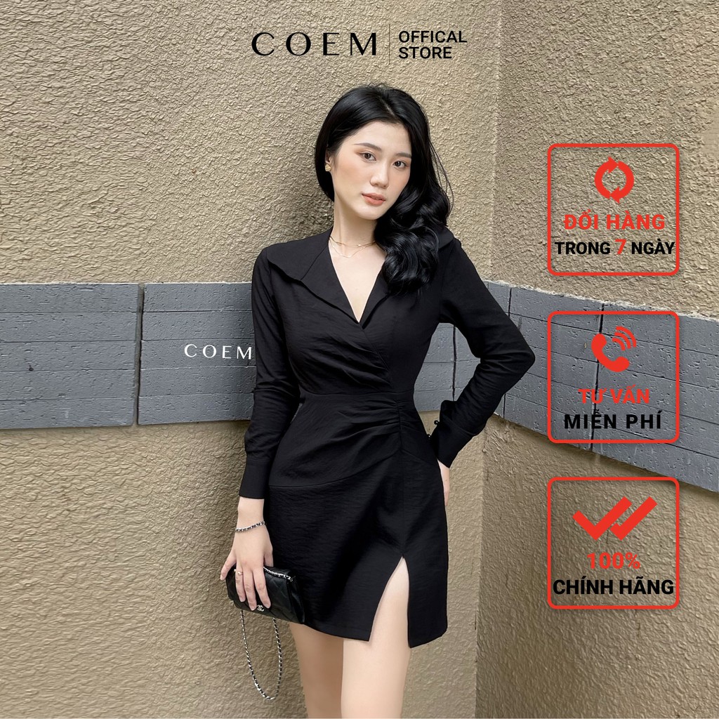 Đầm Ngắn Tay Dài Cổ Sơ Mi Xẻ Tà Chất Liệu Linen Cao Cấp Co Em ThiếT Kế