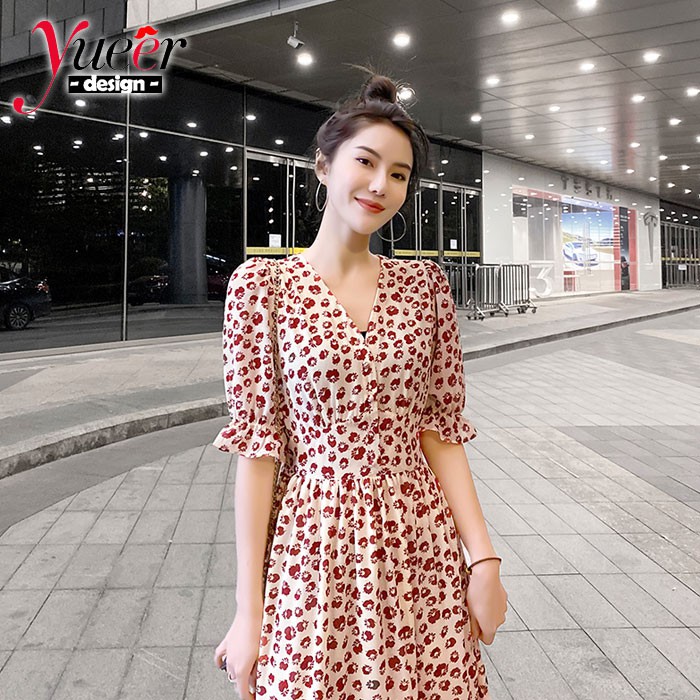 Đầm Voan Hoa Tay Ngắn Cổ Chữ V Size S-2xl