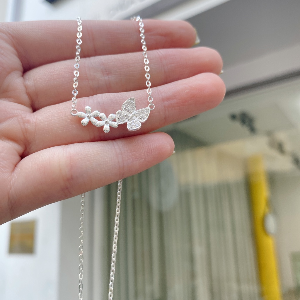 Dây Chuyền Bạc Ta Cao Cấp CaoBac Silver Hoạ Tiết Hai Hoa Cánh Buom Đơn Giản Mới Lạ, Dễ Thương Làm Quà Tặng Bạn Gái