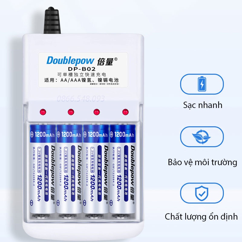 [Có bảo hành] Bộ sạc pin tiểu DP-B02 đa năng AA, AAA tặng hộp 4 viên pin AA1200