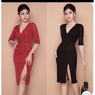 Đầm body dài tay xẻ tà