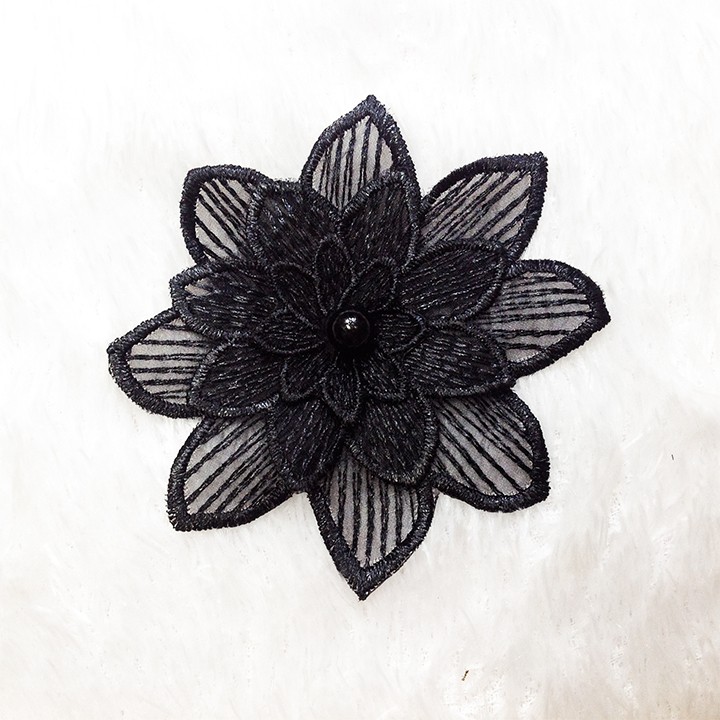 Hoa voan thêu 3D đen size 10cm trang trí áo đầm siêu đẹp bông đính kết váy