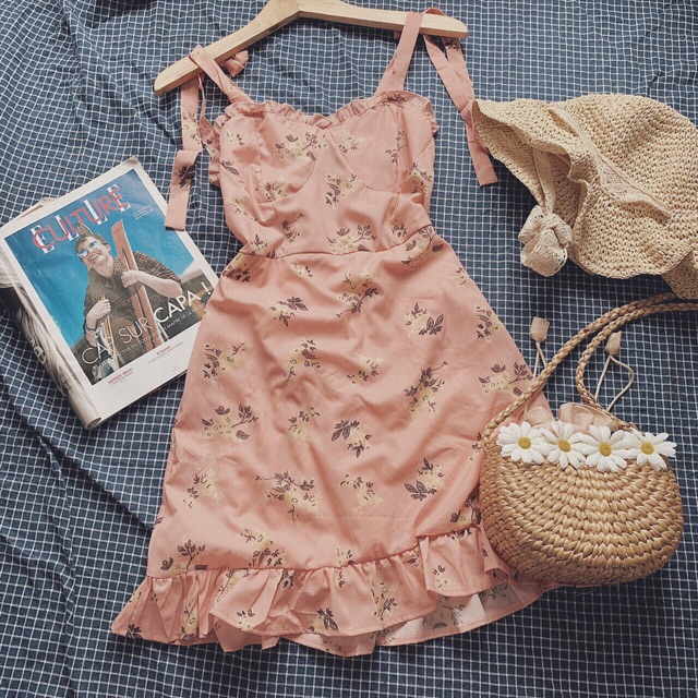 Váy hai dây họa tiết hoa hồng chất lụa - LOVI SHOP