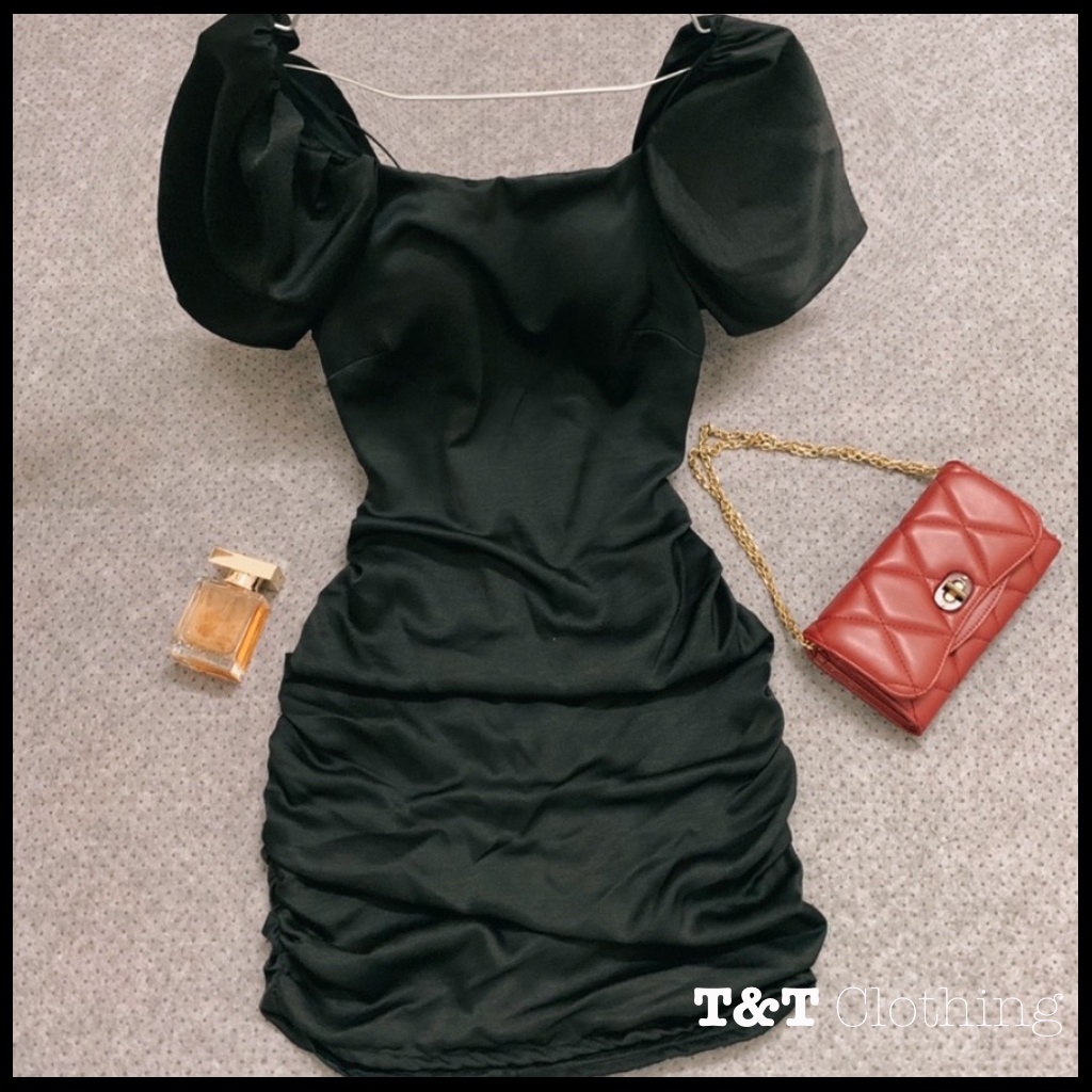 Váy Body Màu Đen 🌸 Đầm Dự Tiệc Hở Lưng Chất Lụa CÓ MÚT NGỰC Tay Phồng Cổ Vuông, Dây Đan Chéo Lưng Sexy - D0053 | 23tshop | BigBuy360 - bigbuy360.vn